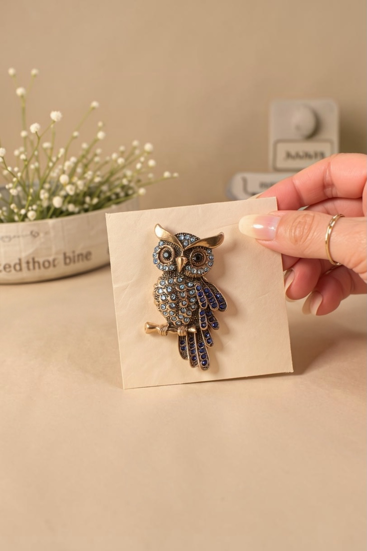 Blue Owl Brooch – Rhinestone & Antique Gold