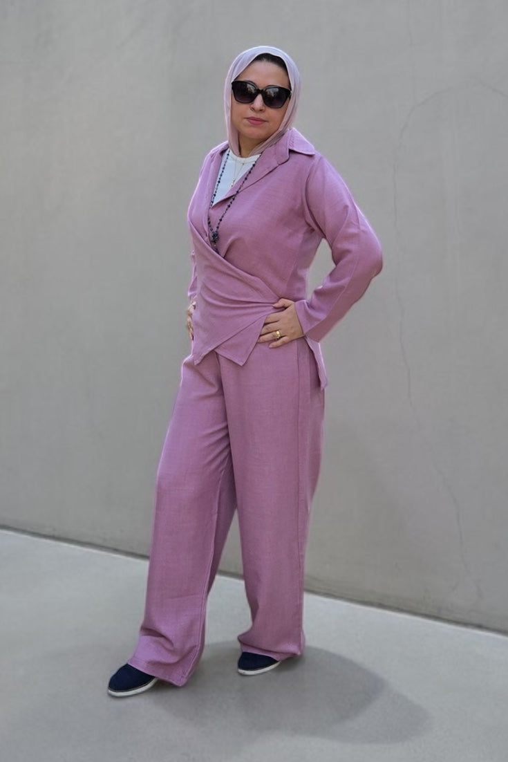 Spanish Linen Set – Crossover Blouse & Wide-Leg Trousers