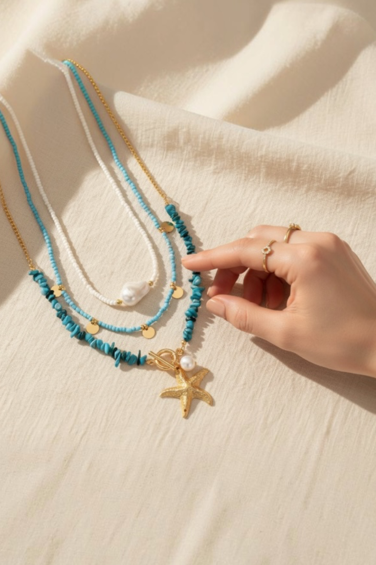 Turquoise Starfish Layered Necklace Set