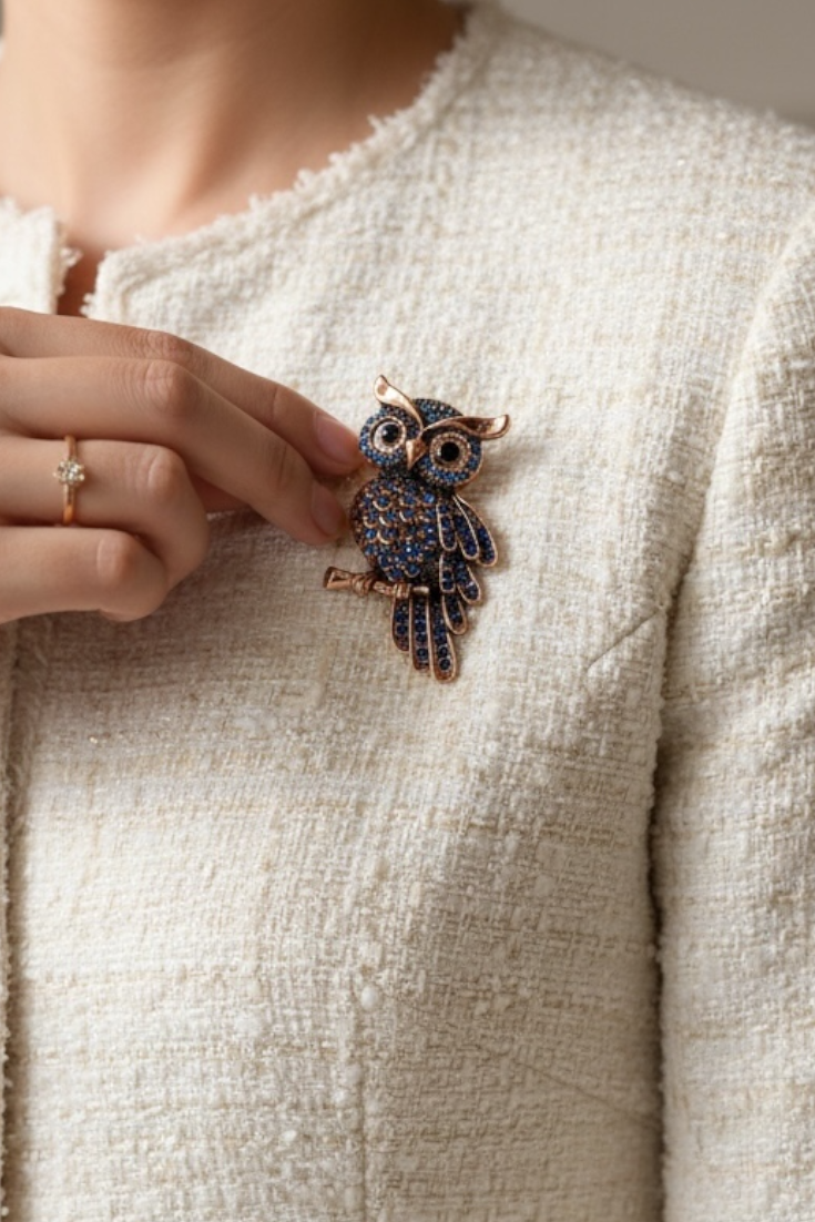 Blue Owl Brooch – Rhinestone & Antique Gold
