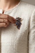 Blue Owl Brooch – Rhinestone & Antique Gold