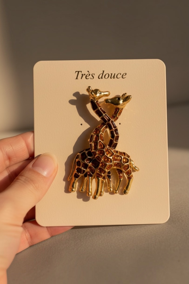 Gold Giraffe Duo Brooch – Enamel & Gold