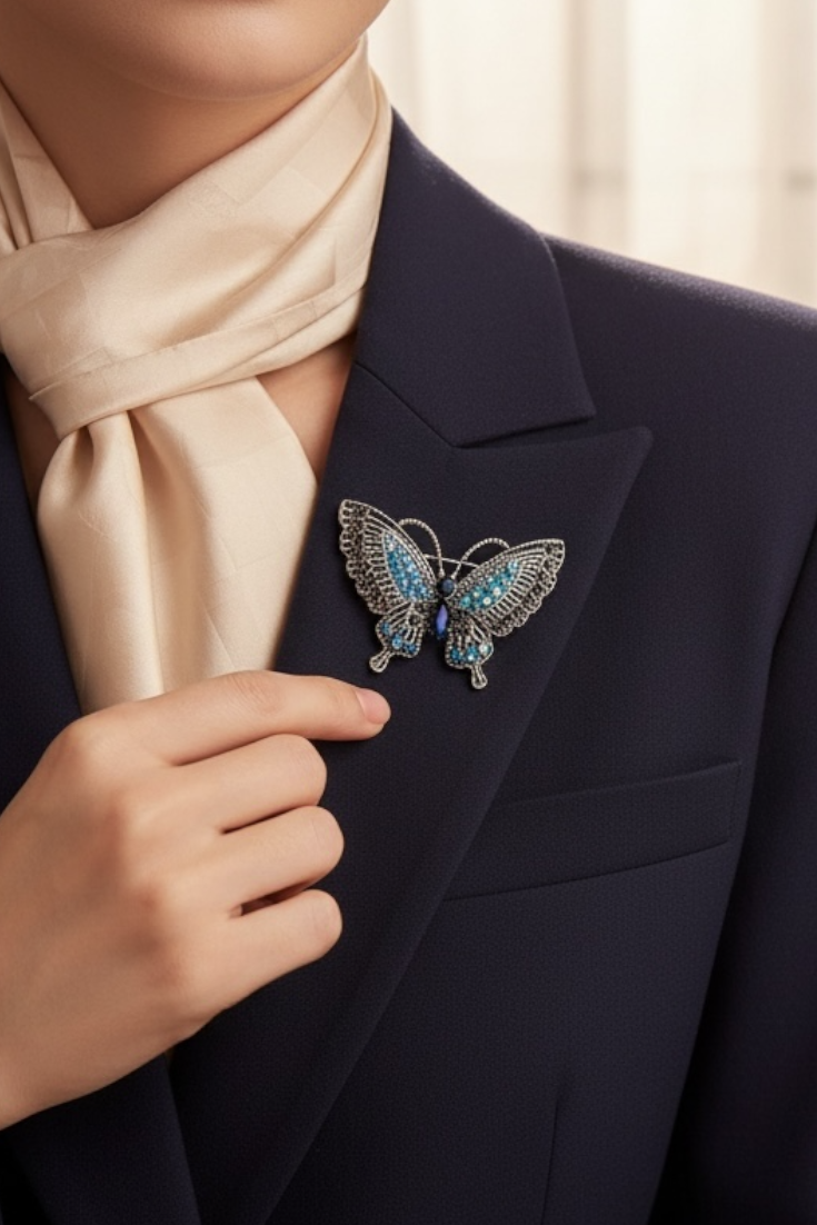 Vintage Butterfly Crystal Brooch – Blue Sapphire & Marcasite