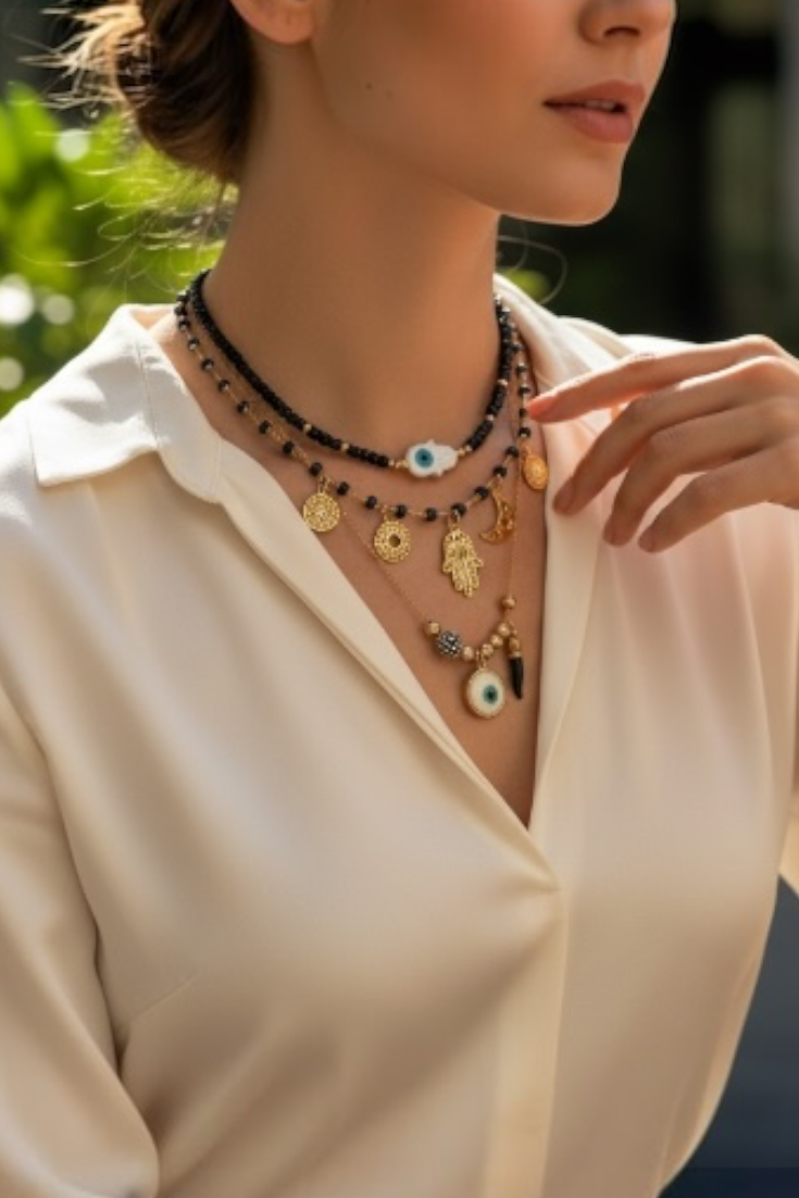 Black Charm Layered Necklace Set