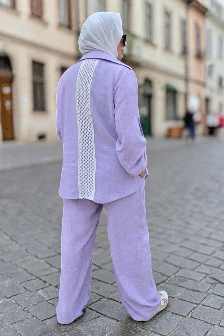 Mauve linen suit – elevated elegance with embroidered back