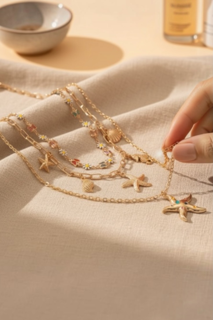 Gold Daisy & Starfish Layered Necklace Set