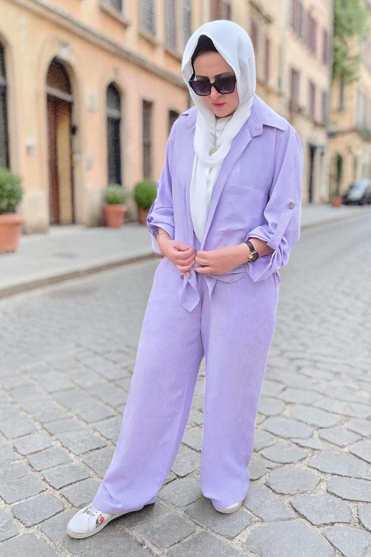 Mauve linen suit – elevated elegance with embroidered back