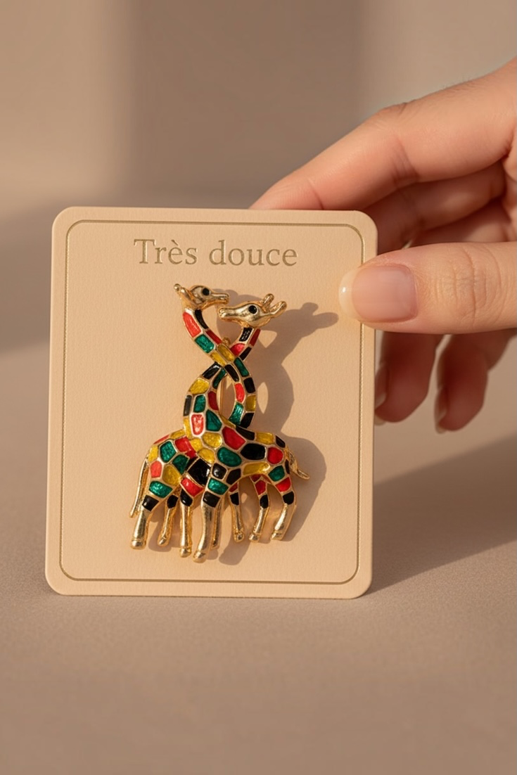 Multicolour Giraffe Duo Brooch – Enamel & Gold