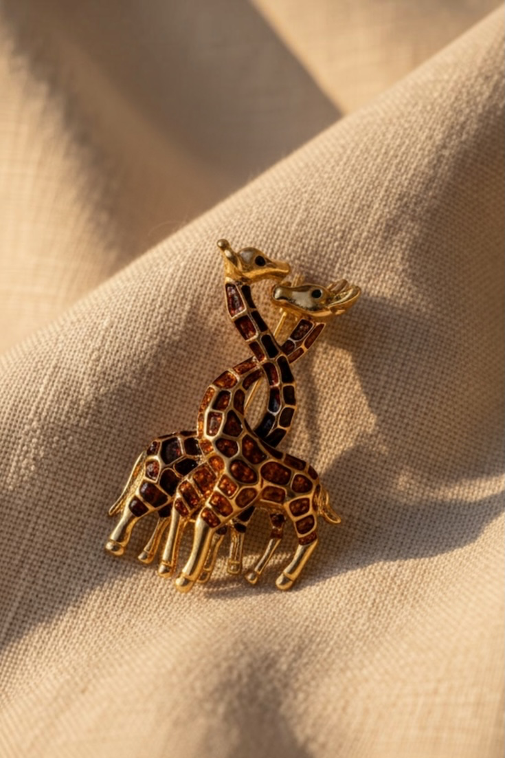 Gold Giraffe Duo Brooch – Enamel & Gold