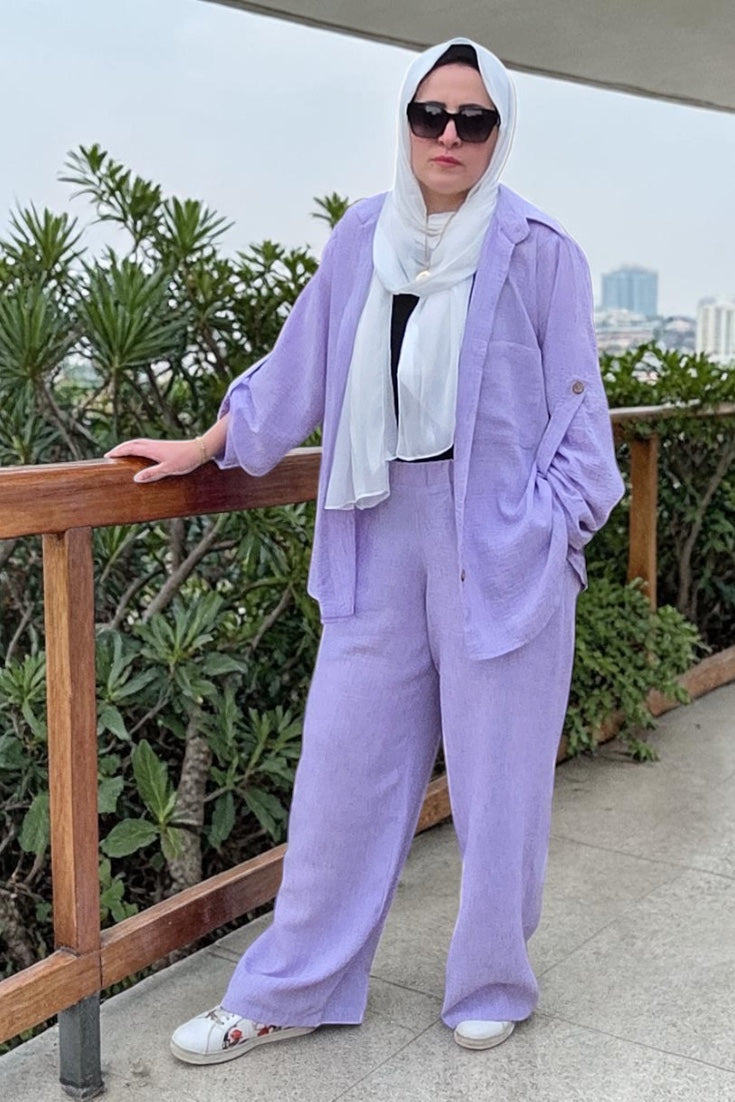 Mauve linen suit – elevated elegance with embroidered back