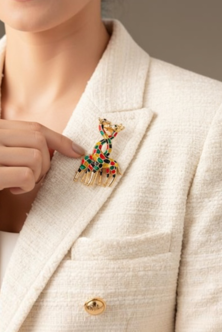Multicolour Giraffe Duo Brooch – Enamel & Gold